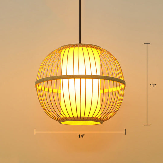 Suspended Beige Wooden Sphere Tea Room Pendant Light With Single Bulb