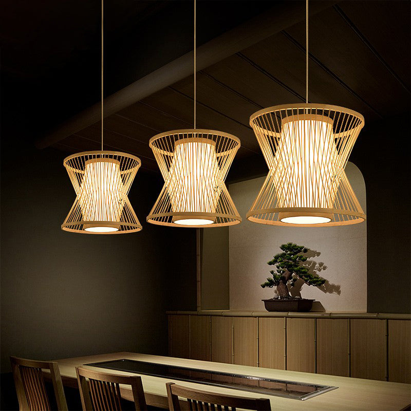 Nordic Bamboo Pendant Lighting: Symmetric Cage 1 Bulb Beige - Ideal For Restaurants