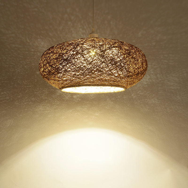 Modern Round Rattan Pendant Lamp In Dark Tan - Minimalist Tearoom Ceiling Light