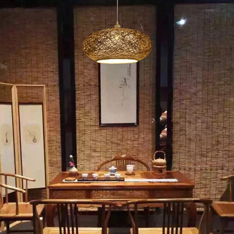 Modern Round Rattan Pendant Lamp In Dark Tan - Minimalist Tearoom Ceiling Light