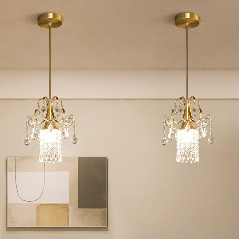 Gold Crystal Fringe Pendant Light - Traditional 1-Light Suspension For Dining Room