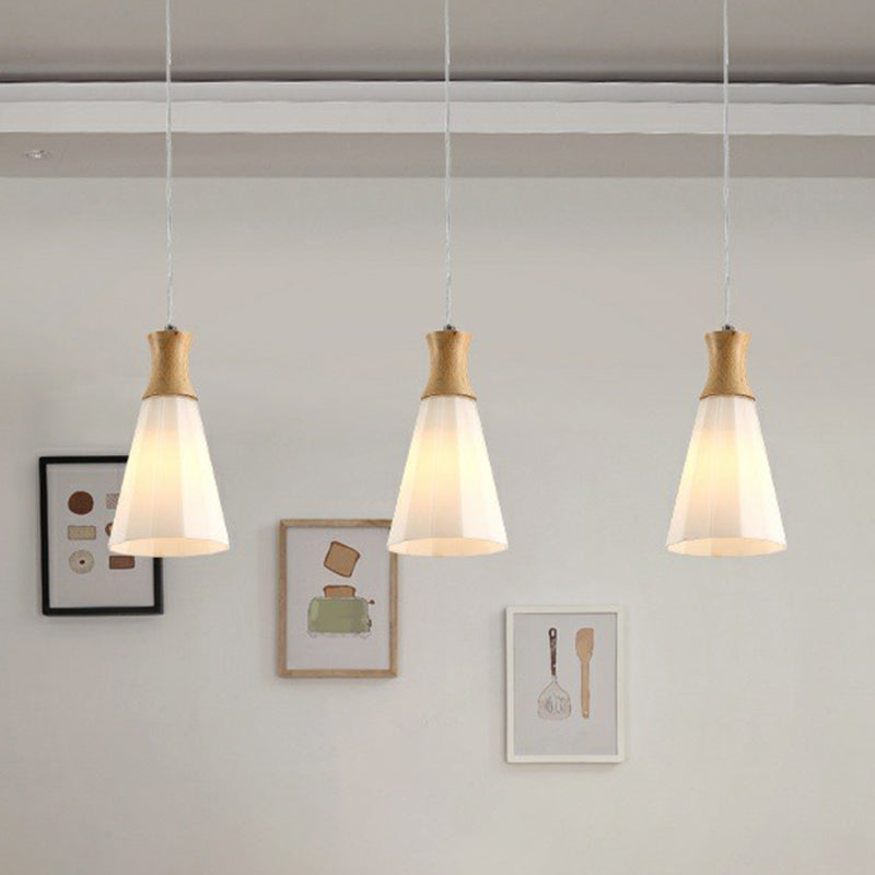 Nordic Opal Frosted Glass 3-Bulb Conical Ceiling Light Pendant With Wood Accents - Ideal For Dining