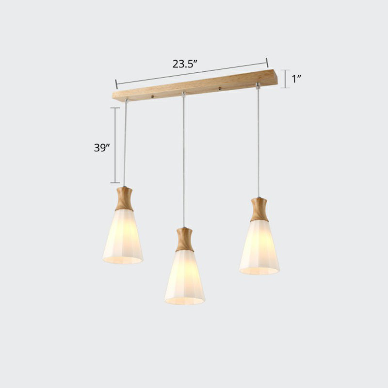 Nordic Opal Frosted Glass 3-Bulb Conical Ceiling Light Pendant With Wood Accents - Ideal For Dining