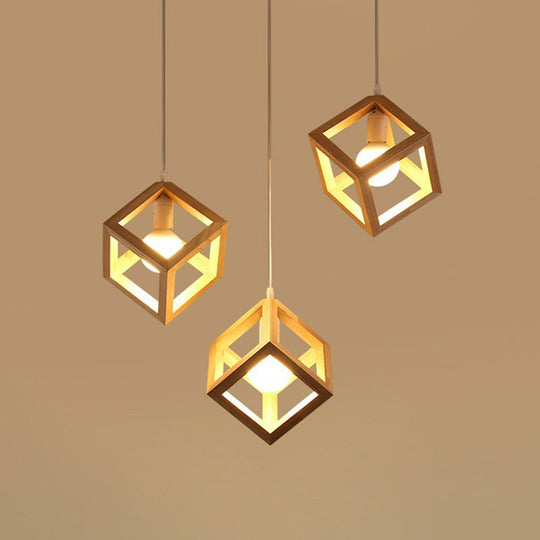 Contemporary Wood Cube Pendant Light - 3-Head Suspension For Dining Room