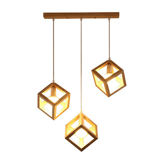 Contemporary Wood Cube Pendant Light - 3-Head Suspension For Dining Room