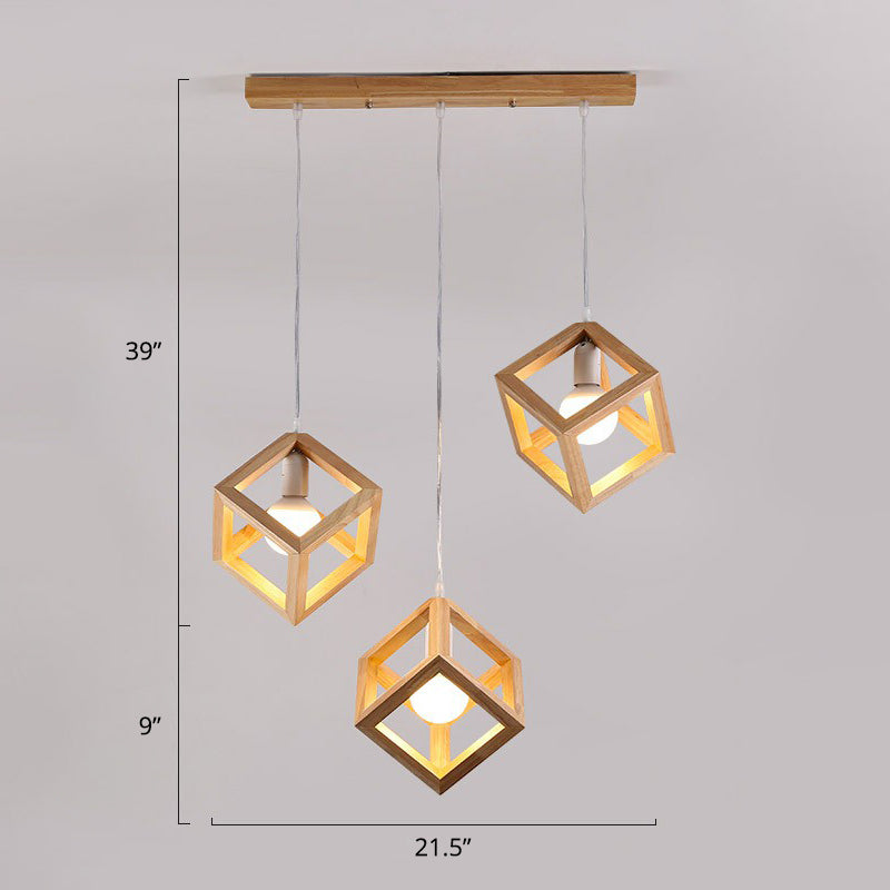 Contemporary Wood Cube Pendant Light - 3-Head Suspension For Dining Room