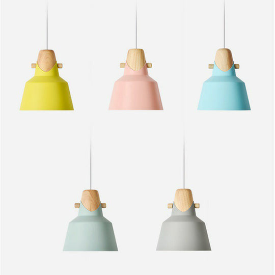 Tapered Metal Macaron Pendant Light With Wooden Decor - Restaurant Ceiling Hang Blue / 6