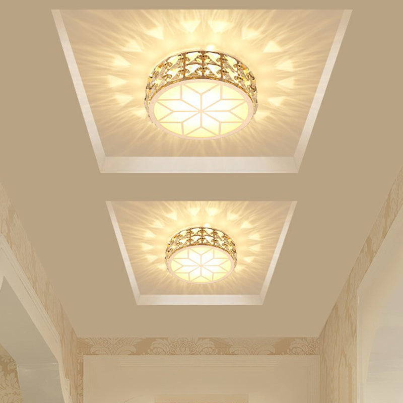 Champagne Led Crystal Embedded Round Ceiling Light - Simple Style Flush Mount For Passageway