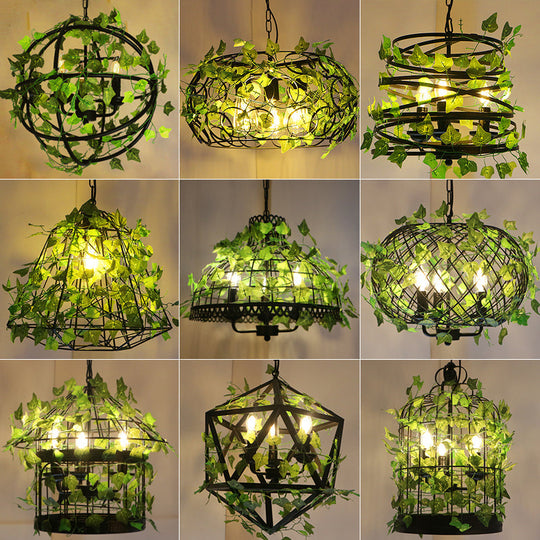 Industrial Green Iron Ceiling Chandelier With 3-Lights Fake Plant And Cage - Restaurant Pendant Lamp