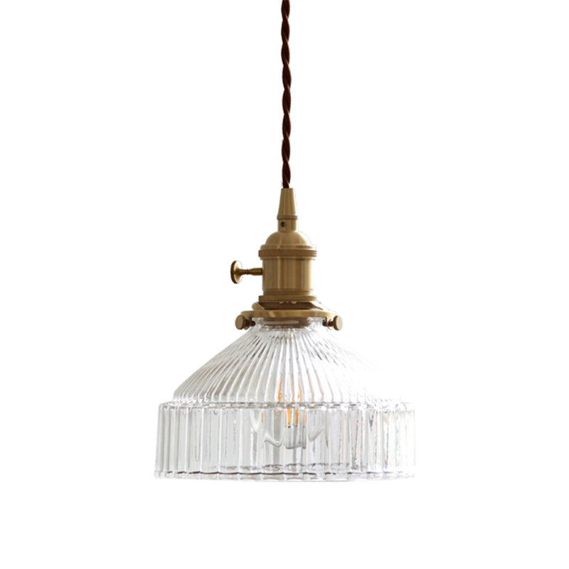 Minimalist Ribbed Glass Pendant Light Barn Shaped Brass Suspension Clear