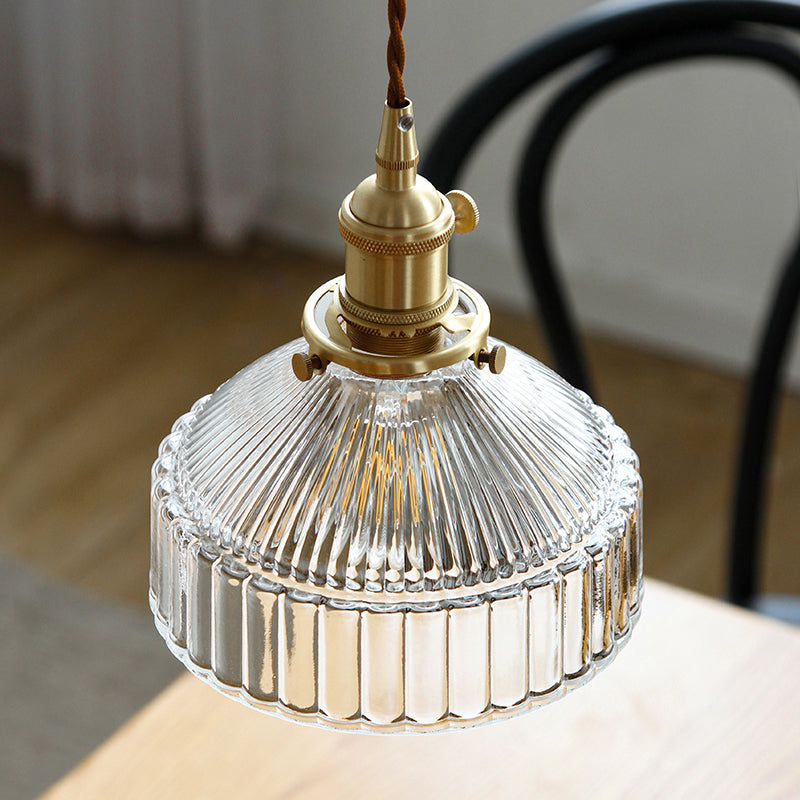 Minimalist Ribbed Glass Pendant Light Barn Shaped Brass Suspension