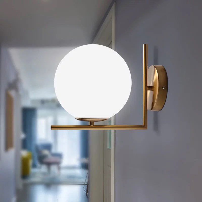 Opaline Glass Ball Wall Lamp With Right Angle Arm In Brass - Minimalist & Elegant