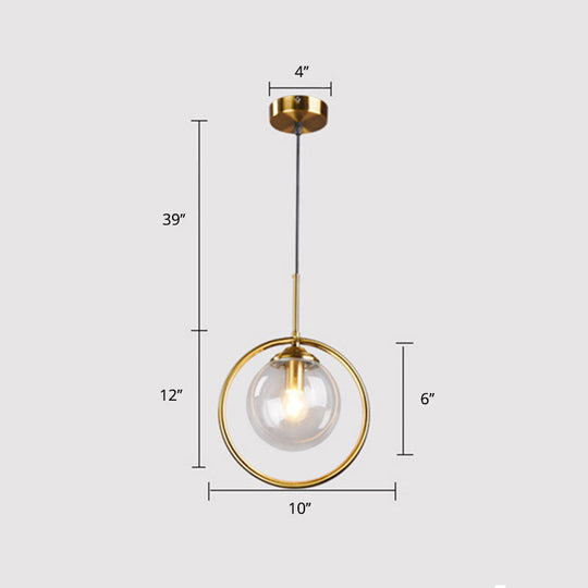 Minimalist Brass Plated Glass Hanging Light With Single Ball Drop Pendant And Ring Decoration