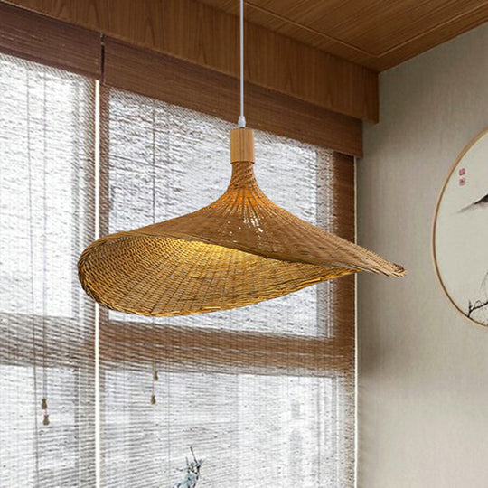 Asian Bamboo Pendant Light With Hat Design - 1-Light Wood Hanging Lamp For Tearoom