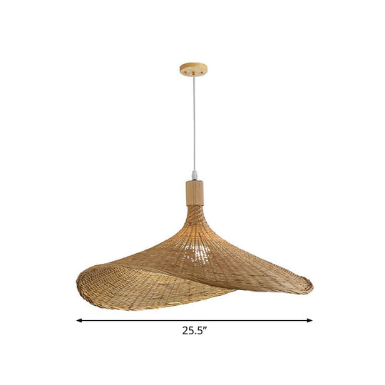 Asian Bamboo Pendant Light With Hat Design - 1-Light Wood Hanging Lamp For Tearoom / 25.5’