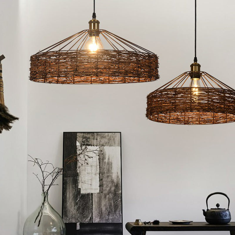 Country Style Hanging Rattan Barn Pendant Light - Brown 1 Bulb Ideal For Dining Room