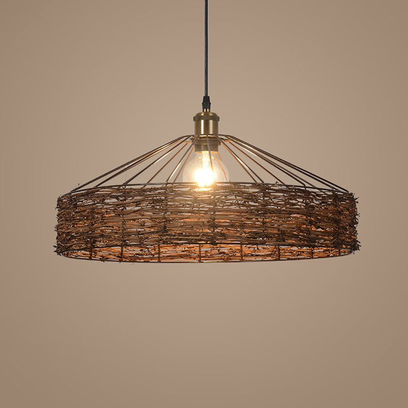 Country Style Rattan Barn Hanging Light Pendant For Dining Room - Brown Finish 1 Bulb