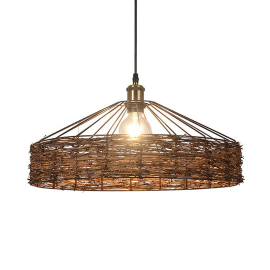 Country Style Rattan Barn Hanging Light Pendant For Dining Room - Brown Finish 1 Bulb