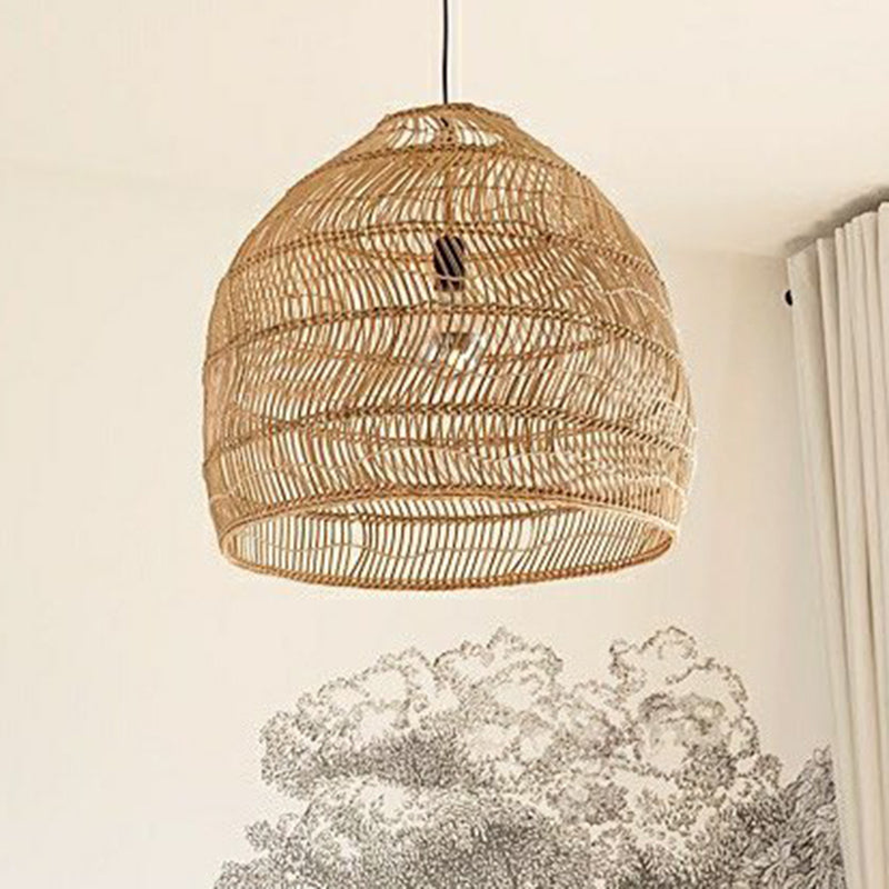 Rustic Rattan Domed Pendant Lamp - 1-Head Bedroom Ceiling Light