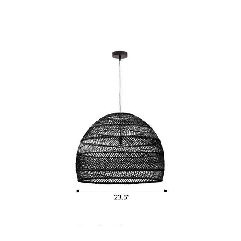 Rustic Rattan 1-Head Domed Pendant Lamp For Bedroom Ceiling Black / Large Round