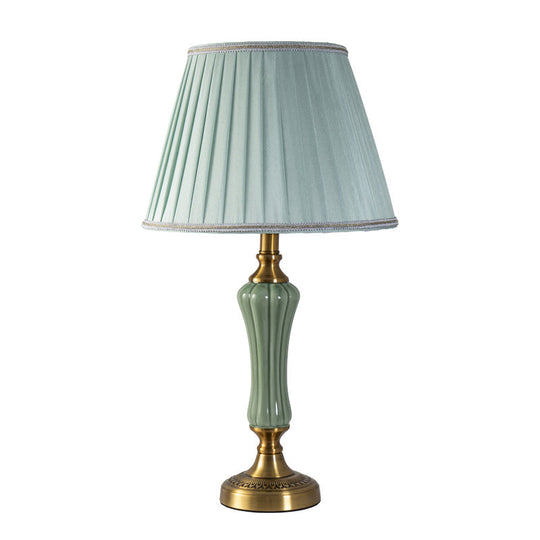 Modern 1-Bulb Green Nightstand Lamp With Empire Shade And Fabric Border