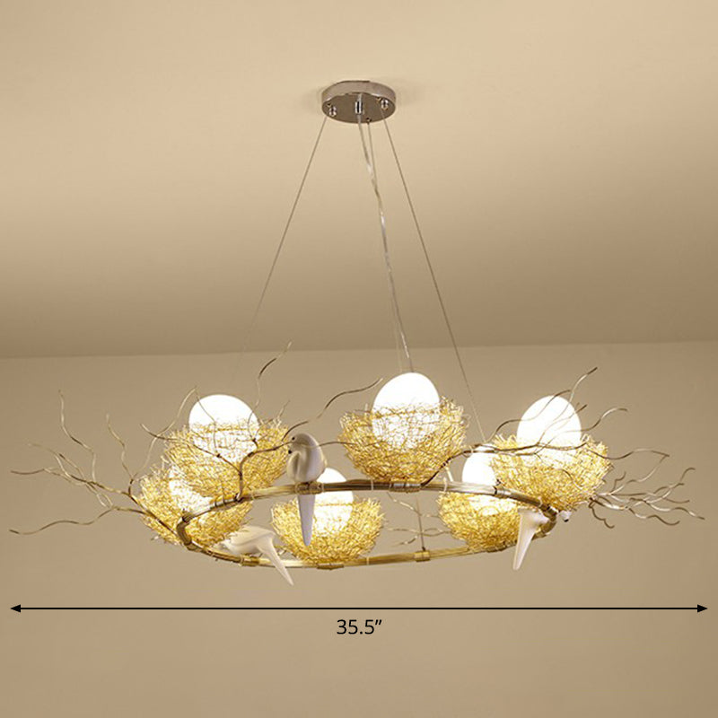 Gold Aluminum Pendant Light With Artistic Bird Nest And Egg Design For Dining Room
