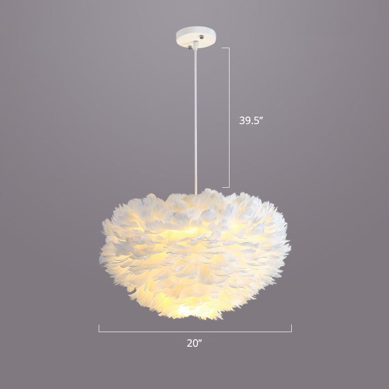 Nordic Style Bedroom Suspension Light Fixture With Feather Dome Pendant Shade White / 20’