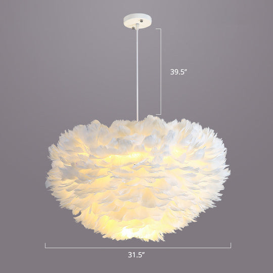 Nordic Style Bedroom Suspension Light Fixture With Feather Dome Pendant Shade White / 31.5’