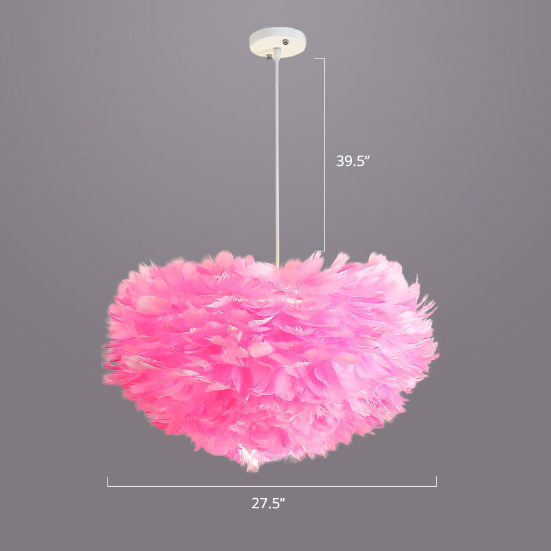 Nordic Style Bedroom Suspension Light Fixture With Feather Dome Pendant Shade Pink / 27.5’