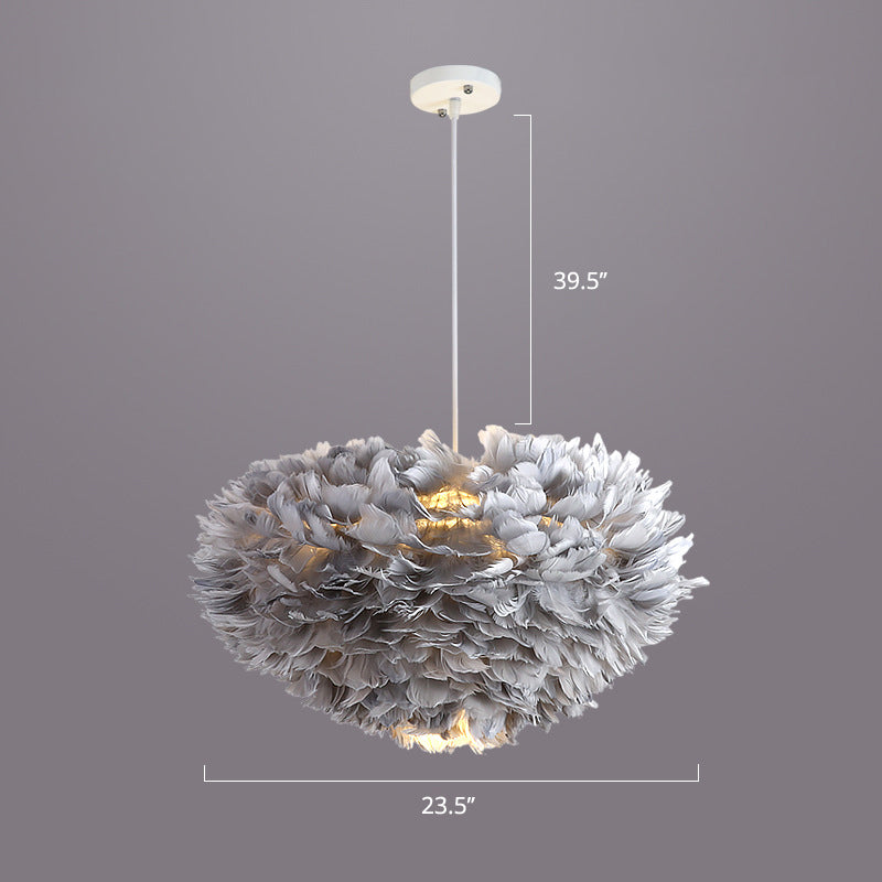 Nordic Style Bedroom Suspension Light Fixture With Feather Dome Pendant Shade Grey / 23.5’