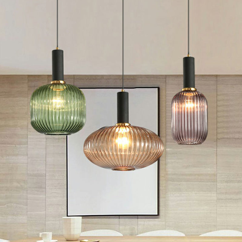 Minimalist Pendulum Light Fixture - Ribbed Glass Bottle Shaped Design 1-Light Dining Room Hanging