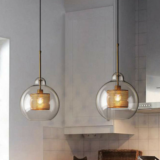 Postmodern Geometric Glass Ceiling Pendant With Brass Finish: Clear Mesh-Inside Hanging Light / 10