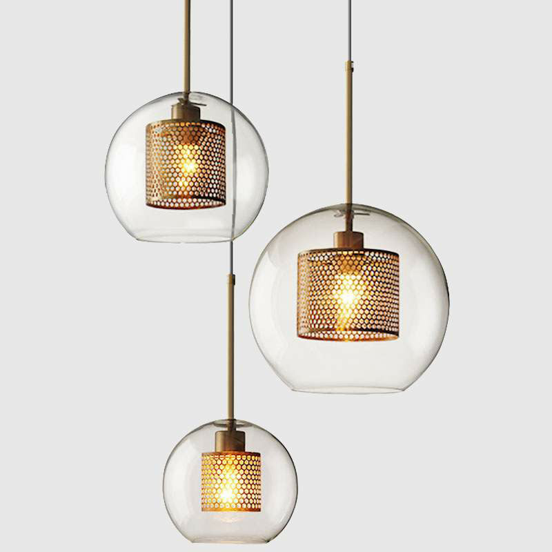 Postmodern Geometric Glass Ceiling Pendant With Brass Finish: Clear Mesh-Inside Hanging Light