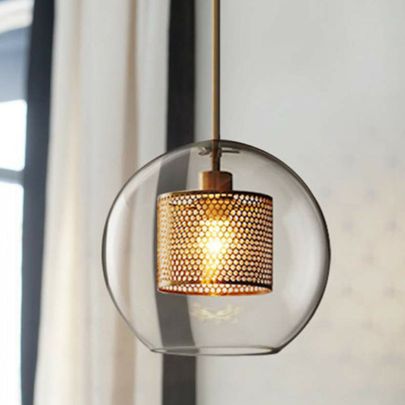 Modern Clear Glass Pendant Light With Brass Finish - Geometric Design & Mesh Inside