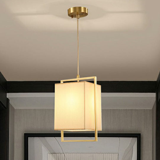 Modern Gold Drop Pendant With Rectangular Fabric Shade - Bedroom Hanging Light