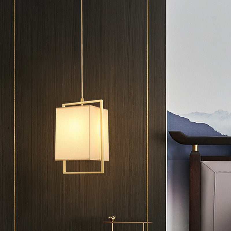 Modern Gold Drop Pendant Light With Rectangular Fabric Shade For Bedroom
