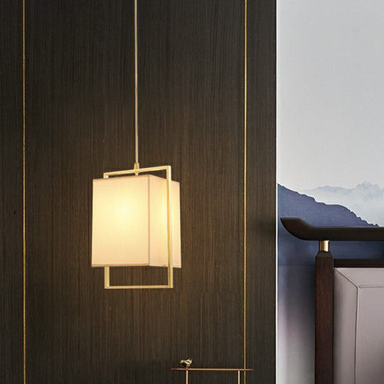 Modern Gold Drop Pendant Light With Rectangular Fabric Shade For Bedroom