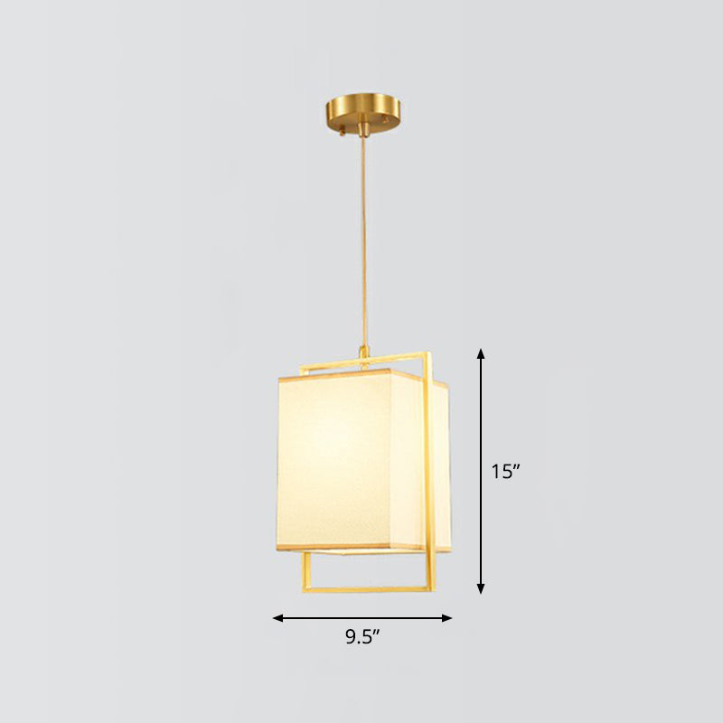 Modern Gold Drop Pendant With Rectangular Fabric Shade - Bedroom Hanging Light