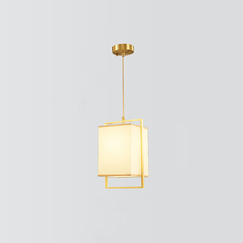 Modern Gold Drop Pendant With Rectangular Fabric Shade - Bedroom Hanging Light