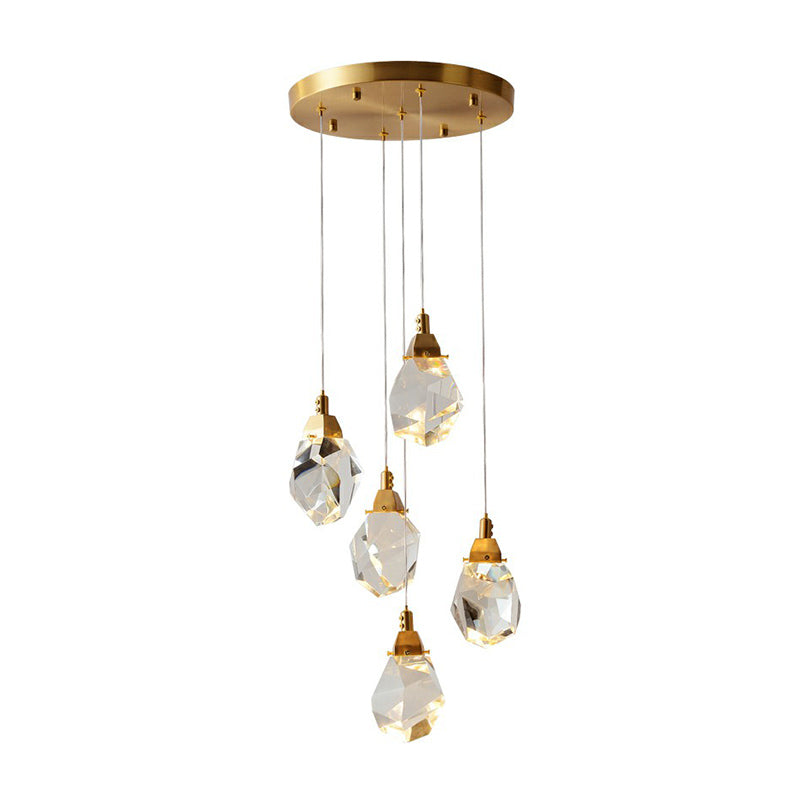Minimalist Brass Led Cluster Pendant Light For Staircase With Crystal Gem Detail