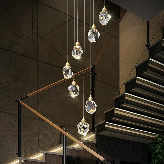 Minimalistic Crystal Gemstone Hanging Multi Pendant Ceiling Light For Staircase - Clear Faceted