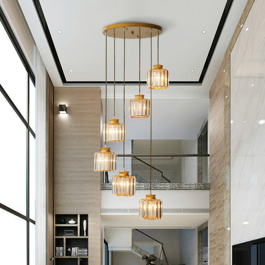 Modern Crystal Pendant Chandelier - Cylindrical Shape Prismatic Crystals Multi-Light Design