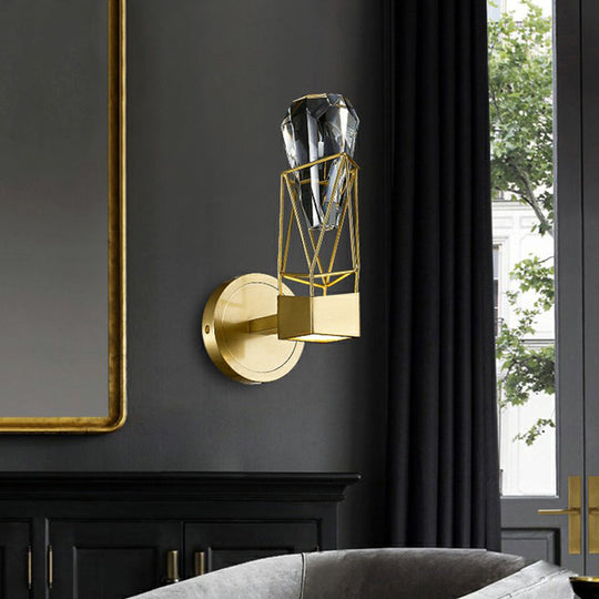 Modern Brass Wall Sconce With Crystal Rock Deco Metal Light Fixture