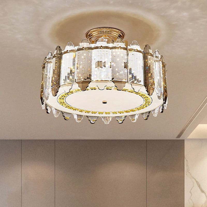 Contemporary Drum-Shaped Crystal Flush Mount Ceiling Light For Dining Room