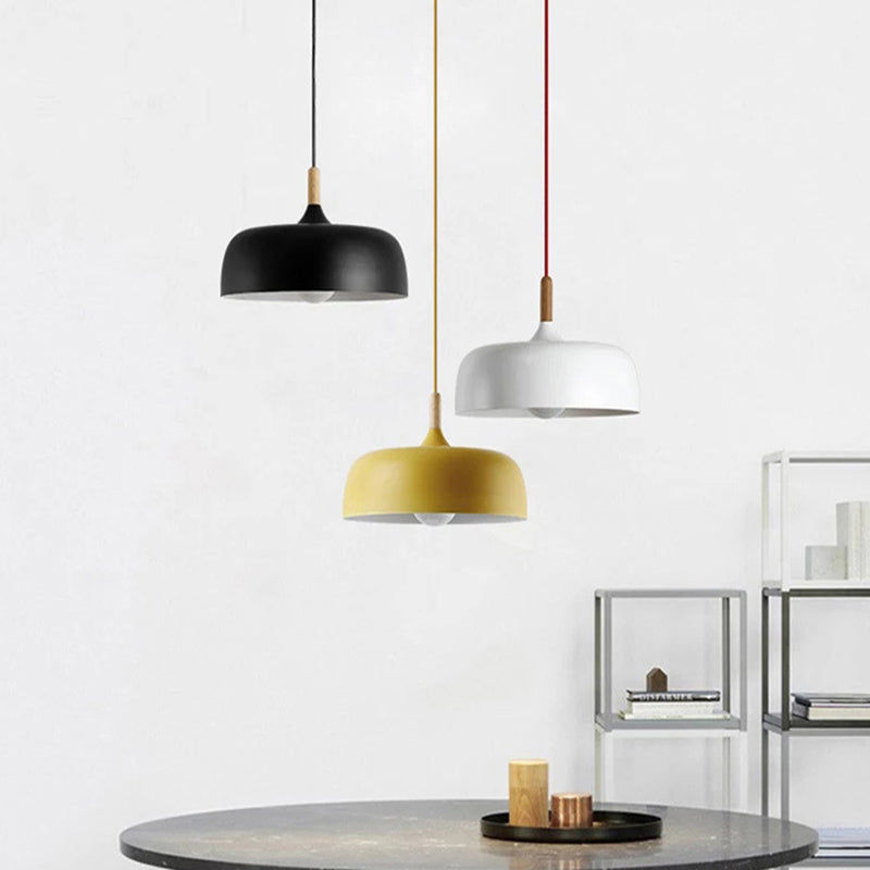 Minimalist Aluminum Round Hanging Pendant Light With Wooden Tip - Ideal For Restaurants