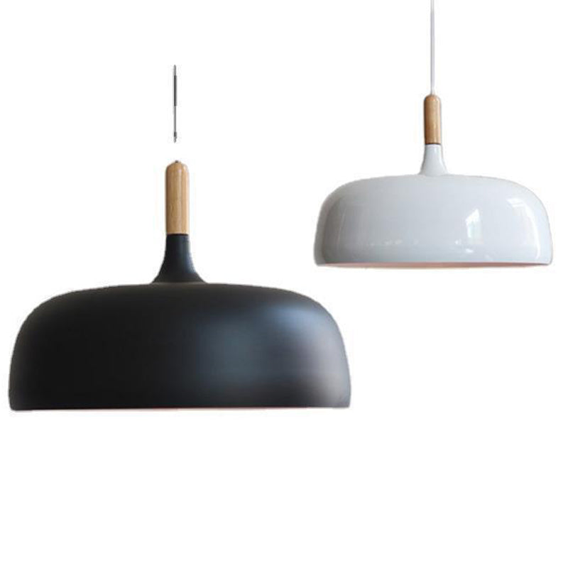 Minimalist Aluminum Round Hanging Pendant Light With Wooden Tip - Ideal For Restaurants
