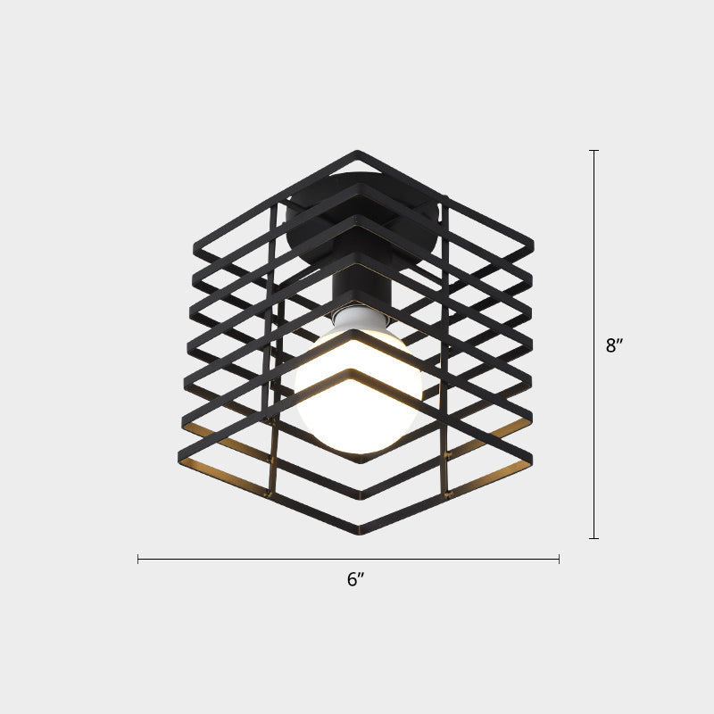 Industrial Metal Flush Ceiling Light Fixture - Cage Style Small Aisle 1 Head Black Flushmount