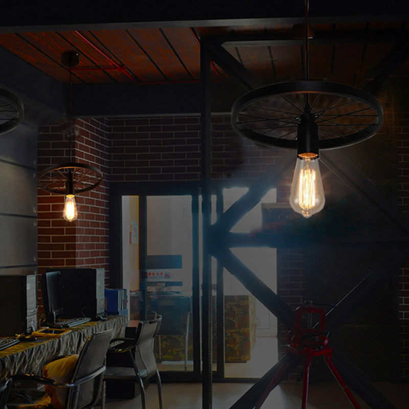 Industrial Metal Wagon Wheel Pendant Lamp: Black Hanging Light Fixture For Restaurants