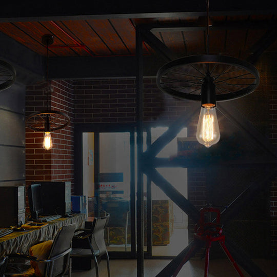 Industrial Metal Wagon Wheel Pendant Lamp: Black Hanging Light Fixture For Restaurants