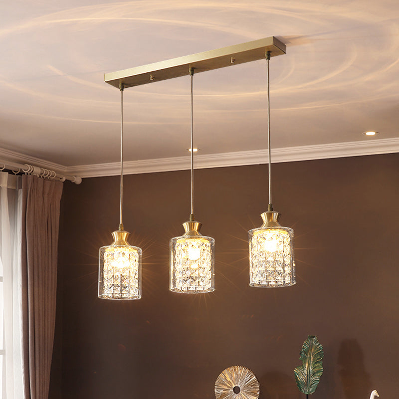 Gold Crystal Pendant Light - Postmodern Shaded Suspension 3 Heads Dining Room
